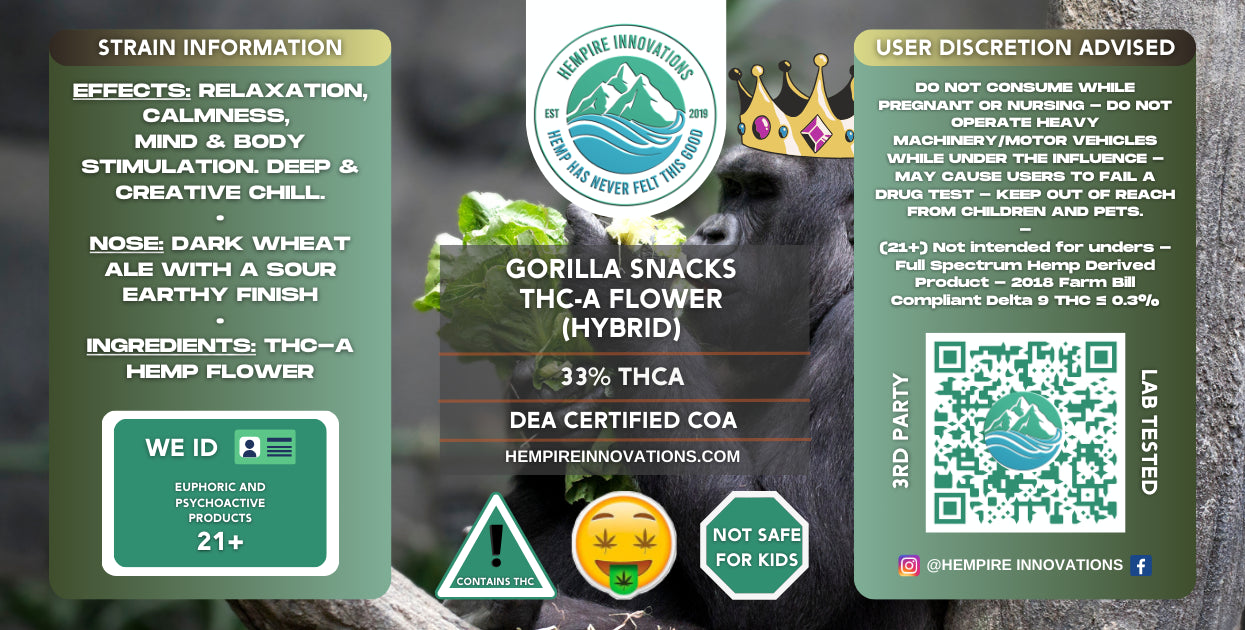 
                  
                    Exotic THCa Flower | Gorilla Snacks - Hybrid THC-A Strain
                  
                