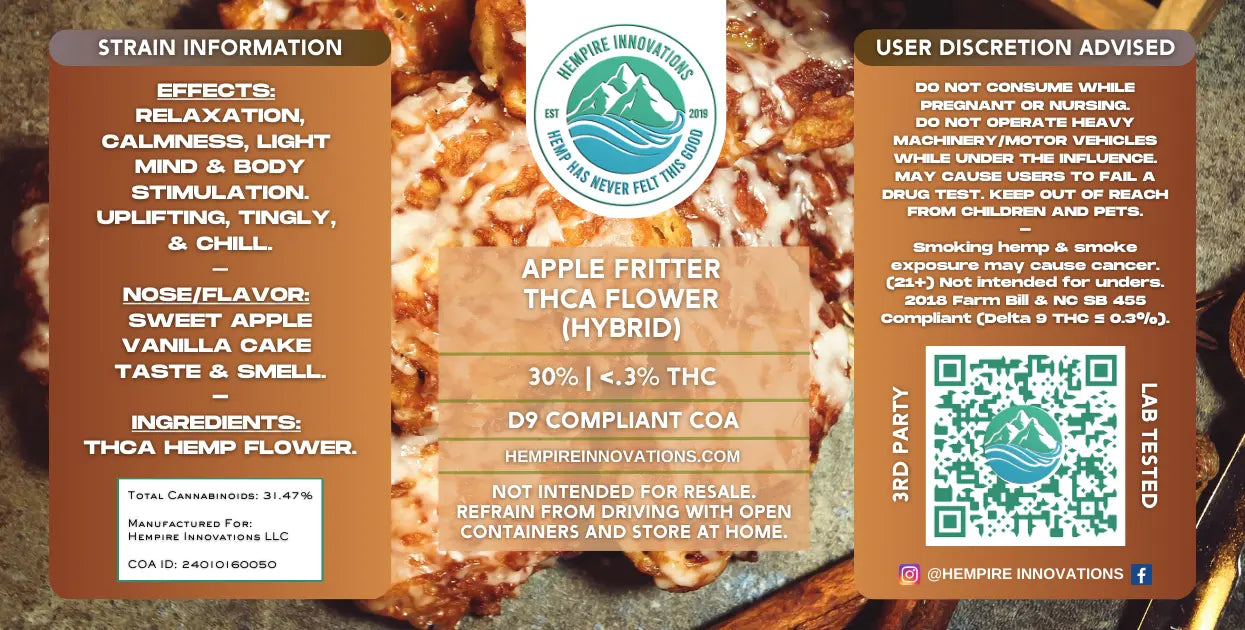 Apple Fritter THCa Flower Label | Hybrid Strain | Delivery Wilmington, NC