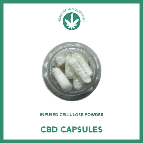 
                  
                    Close-up view of the vegetarian CBD Capsules, each containing 50mg CBD.
                  
                