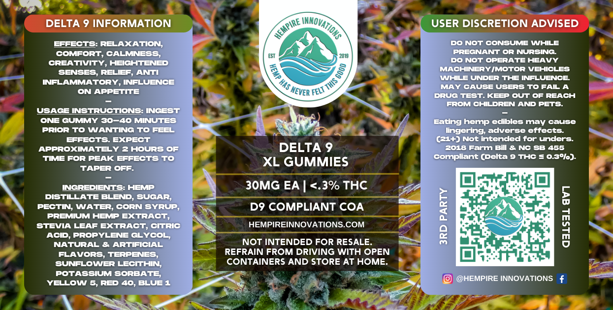 Delta 9 THC XL Gummies Label | Wilmington, NC
