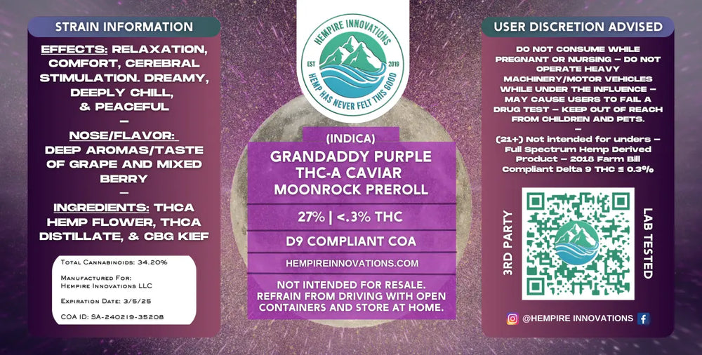 
                  
                    Grand Daddy Purple THCa Caviar Moonrock Preroll Label
                  
                