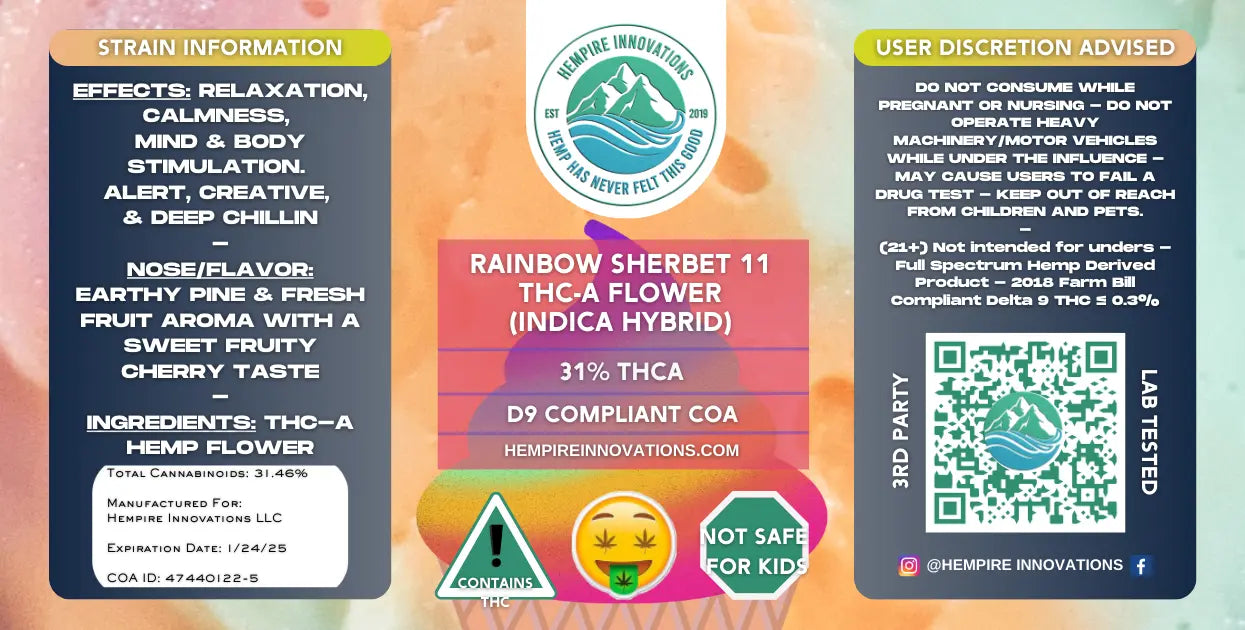 
                  
                    Exotic THCa Flower | Rainbow Sherbet 11 - Indica Hybrid THC-A Strain
                  
                