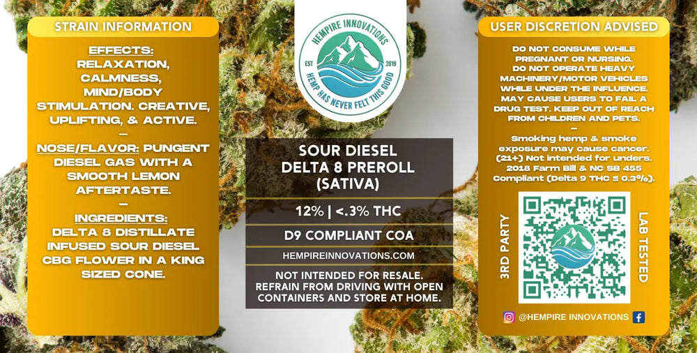 
                      
                        Sour Diesel Delta 8 THC Preroll Label | Wilmington, NC
                      
                    