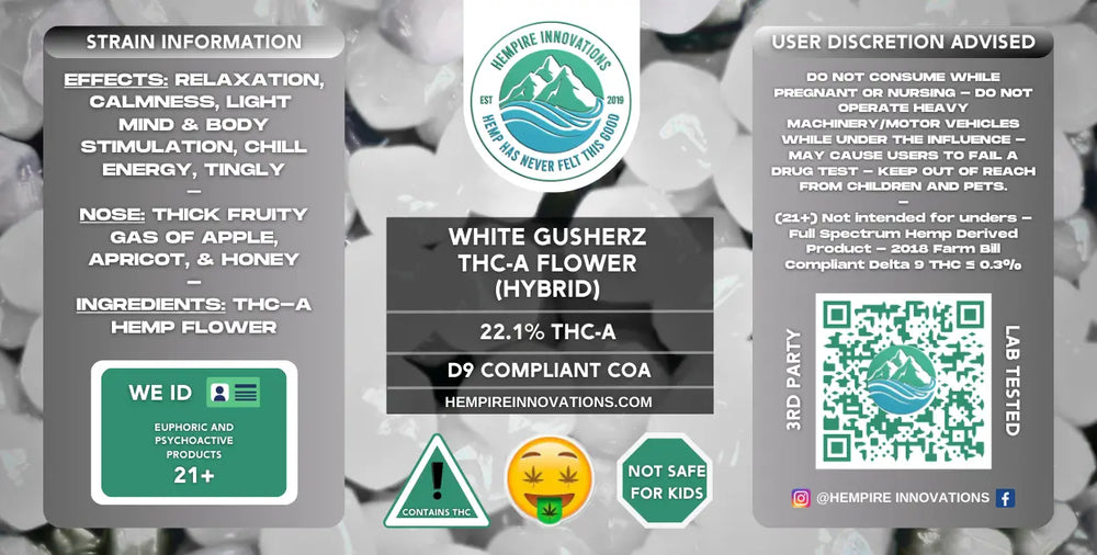 
                  
                    Exotic THCa Flower | White Gusherz - Hybrid THC-A Strain
                  
                