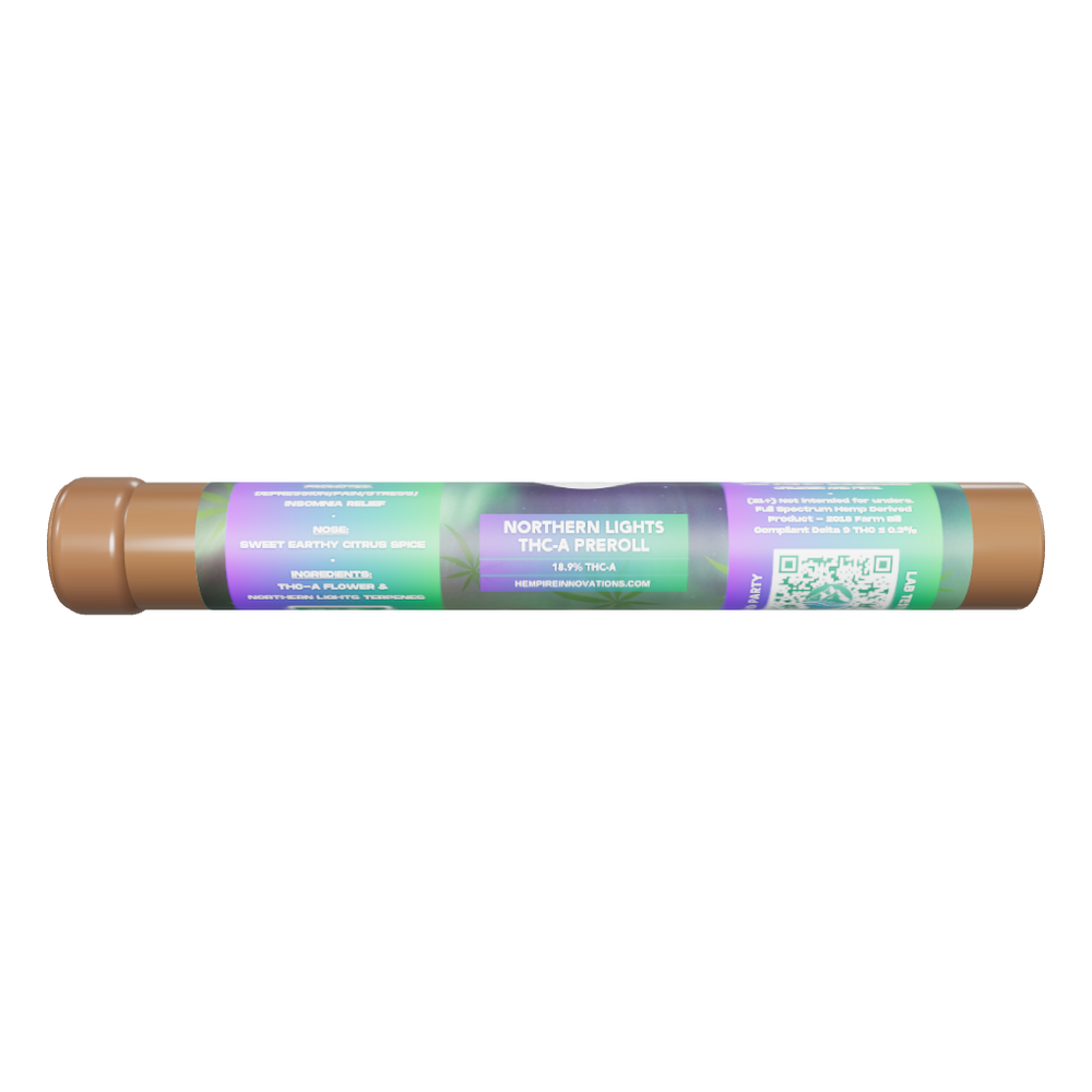 
                  
                    Load 3D model into Gallery viewer, Close-up of Hempire Innovations&amp;#39; THCA preroll featuring the Northern Lights Indica strain, showcasing its premium quality and craftsmanship.
                  
                