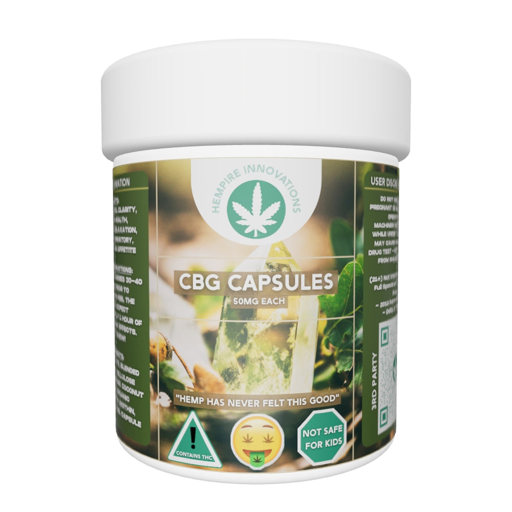 Bottle of 50mg Full Spectrum CBG Capsules for overall well-being and recovery.