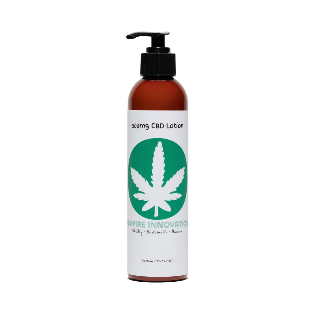
                  
                    500mg CBD Infused Lotion in sleek packaging, labeled with key ingredients like CBD Distillate
                  
                